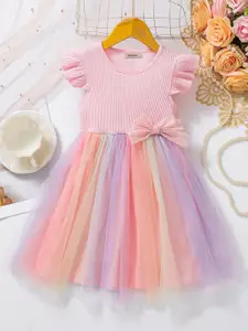 INCLUD Girls Pink Flutter Sleeves Rainbow Tulle Overlay Dress