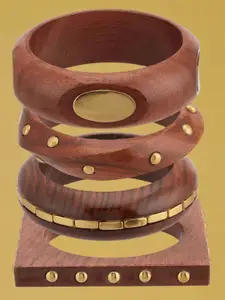 ATIBELLE Set of 4 Gold Plated Round Wooden Bangles