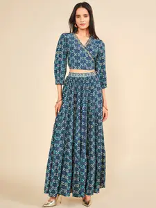 Global Desi Printed V-Neck Top With Skirt