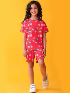 Anthrilo Girls Cherry Printed Pure Cotton T-shirt With Shorts