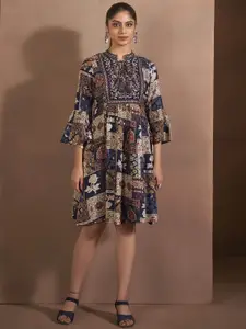 Anouk Floral Printed Tie-Up Neck Fit & Flared Ethnic Dress