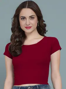 Dream Beauty Fashion Women Round Neck Cherry Red Fitted Crop Top