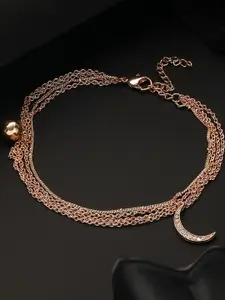 DressBerry Gold-Plated CZ Studded Layered Cresent Shape Charm Anklet