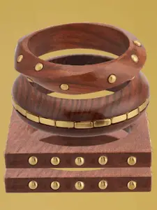 ATIBELLE Set Of 4 Gold-Plated Round Shaped Wooden Bangles