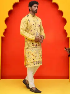 Jompers Floral Embroidered Mandarin Collar Thread Work Straight Kurta With Pyjamas