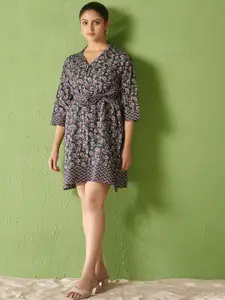 Anouk Women Paisley Printed Lapel Collar Belted Shirt Dress