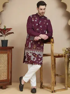 Jompers Floral Embroidered Mandarin Collar Thread Work Straight Kurta With Pyjamas