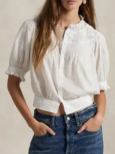 Polo Ralph Lauren Women Round Neck Pure Cotton Puff Sleeves Blouson Top