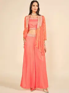 Global Desi Embellished Square Neck Top With Shrug & Palazzo