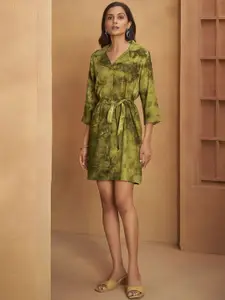 Anouk Women Abstract Printed Shirt Collar Dress with tie-up details