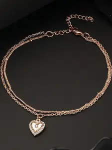 DressBerry Rose Gold Plated CZ Studded Layered Heart Charm Anklet