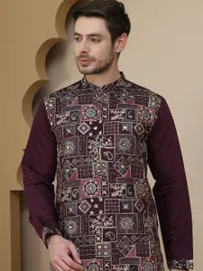 Jompers Floral Embroidered Mandarin Collar Sequinned Cotton Silk Straight Kurta
