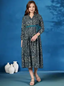 Anouk Floral Printed Shirt Collar Fit & Flared Midi Ethnic Dress