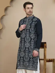 Jompers Floral Embroidered Mandarin Collar Sequinned Cotton Silk Straight Kurta