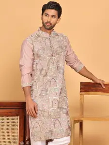 Jompers Floral Embroidered Mandarin Collar Sequinned Cotton Silk Straight Kurta