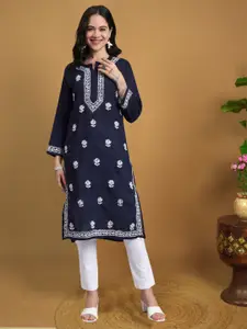 PARAMOUNT CHIKAN Floral Embroidered Cotton Chikankari Notch Neck Straight Kurta