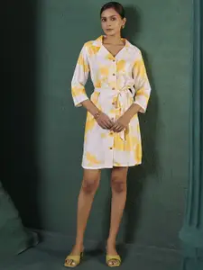 Anouk Women Tie and Dye Printed Shirt Collar Mini Shirt Dress