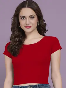 Dream Beauty Fashion Women Cherry Red Round Neck Fitted Crop Top