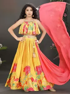 BAESD Girls Printed Mirror Work Ready to Wear Lehenga & Blouse With Dupatta