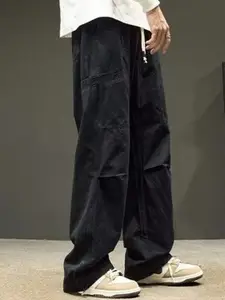 StyleCast x Revolte Men Solid Loose Fit Mid-Rise Flat-Front Easy Wash Cargos Trousers