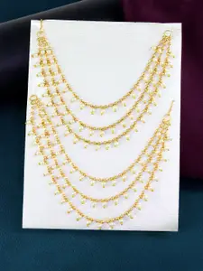 PRIVIU Gold-Plated 3-Layered Pearls Beaded Contemporary Ear Cuff