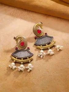 Yellow Chimes Brass Plated Peacock Shaped Oxidised Drop Earrings