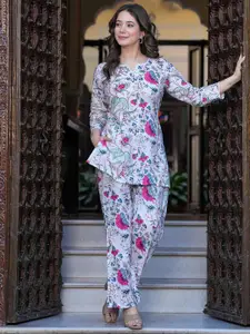 Gf Gul Fashion Printed Cotton V-Neck Top With Trousers Co-Ords