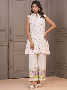 AUTUMN LANE Printed Pure Cotton Mandarin Collar Top With Trousers Co-Ords Set