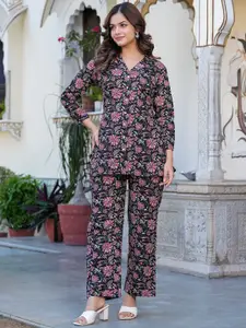 Gf Gul Fashion Printed Pure Cotton Mandarin Collared Top With Trousers Co-Ords