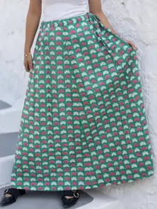 Nilam India Floral Printed Pure Cotton A-Line Flared Maxi Skirt