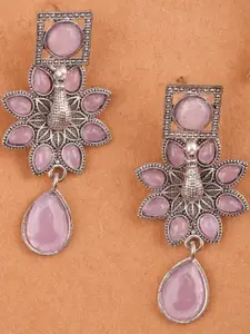 Anouk Silver-Plated Artificial Stones Studded Oxidised Floral Shaped Drop Earrings