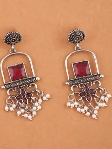 Anouk Silver-Plated Artificial Stones Studded And Beaded Contemporary Drop Earrings