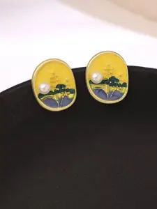 Yellow Chimes Brass Plated Pearls Studded Contemporary Studs Earrings