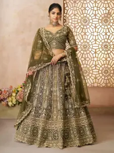 ODETTE Embroidered Thread Work Net Semi-Stitched Lehenga & Unstitched Blouse With Dupatta