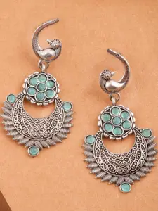 Anouk Silver Plated Artificial Stones Studded Oxidised Crescent Shaped Drop Earrings