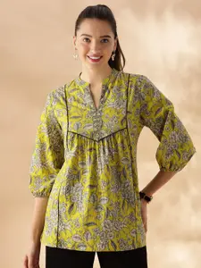 Anouk Floral Printed Mandarin Collar Puff Sleeves Pure Cotton Panelled A-Line Kurti
