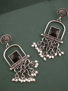 Anouk Silver Plated Artificial Stones Studded & Beaded Oxidised Contemporary Drop Earrings