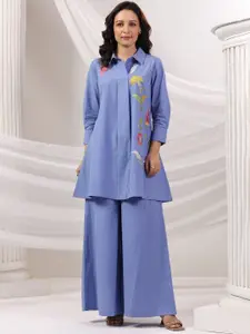 AUTUMN LANE Embroidered Pure Cotton Shirt Collar Top With Trousers Co-Ords Set