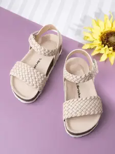 BRISKERS Girls Textured Round Toe Leather Open Toe Flats