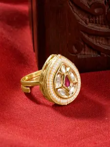 TEEJH Abhishya Gold-Plated Stone-Studded & Beaded Adjustable Finger Ring