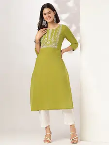 Janasya Women Lime Green Pure Cotton Yoke Embroidered Straight Kurta