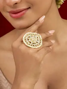 TEEJH Gold-Plated Stone-Studded & Beaded Polki Finger Ring