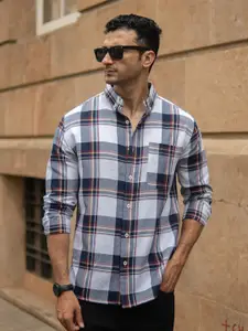 Powerlook Men Tartan Checked Button-Down Collar Casual Shirt