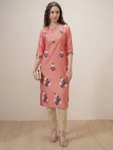 Vishudh Floral Embroidered Thread Work Notch Neck Straight Kurta