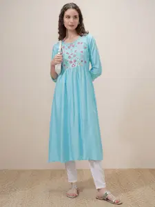 Vishudh Floral Embroidered Thread Work Round Neck A-Line Kurta