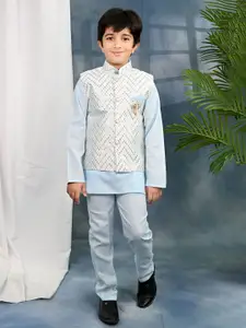 Sangria Boys Chevron Sequined Embroidered Kurta & Trousers With Nehru Jacket