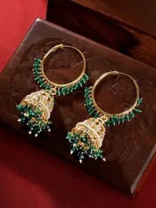 TEEJH Gold-Plated Dome Shaped Artificial Stone Studded Tasselled Jhumkas Earrings