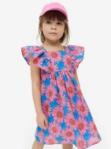 INCLUD Girls Floral Printed Flutter Sleeve Fit & Flare Dress