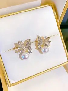 DIVASTRI Gold-Plated Artificial Stones Studded & Pearls Beaded Korean Quirky Drop Earrings