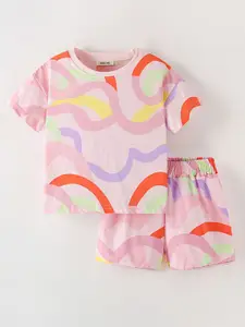 INCLUD Girls Abstract Printed Round Neck T-shirt with Shorts